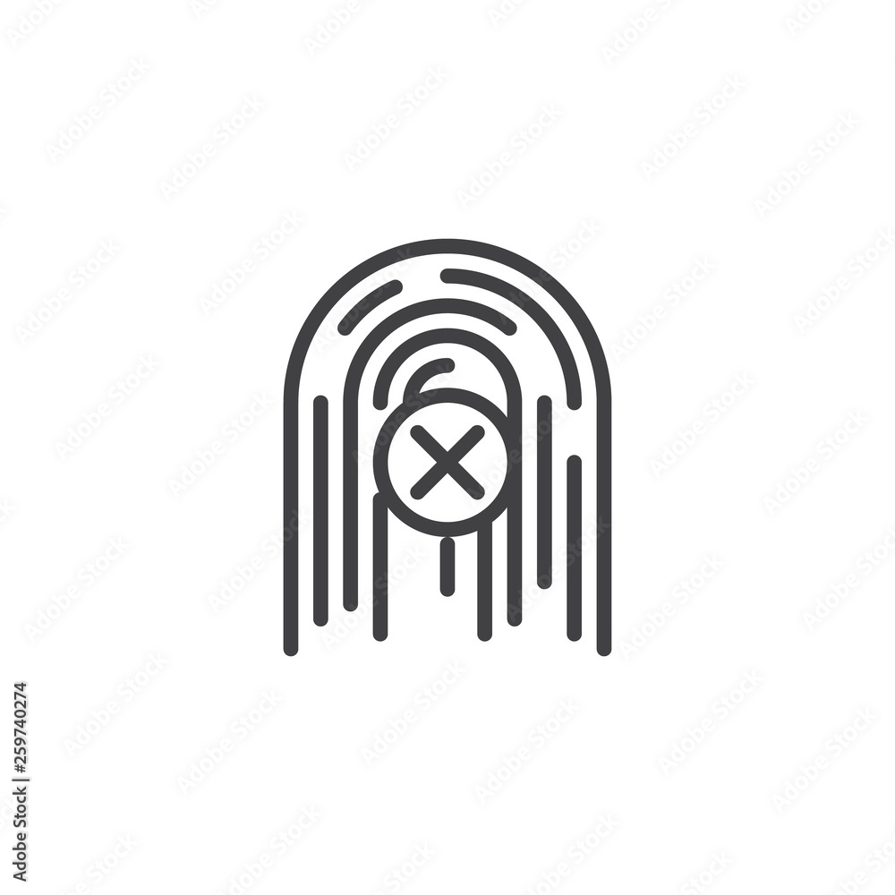 Fingerprint rejected authentication line icon. linear style sign for mobile concept and web design. Finger print identification failed outline vector icon. Symbol, logo illustration. Pixel perfect Fingerprint rejected authentication line icon. linear style sign for mobile concept and web design. Finger print identification failed outline vector icon. Symbol, logo illustration. Pixel perfect