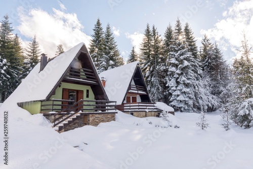 mountain houses during snow season. 
