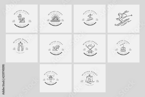 Vector icon and logo for snowboarding and skiing or other winter sports. Editable outline stroke size. Line flat contour, thin and linear design. Simple icons. Concept illustration. Sign, symbol
