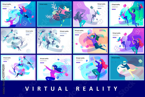 Man and woman wearing virtual reality headset and looking at abstract sphere. Colorful vr world. Virtual augmented reality glasses concept with people learning and entertaining. Landing page template