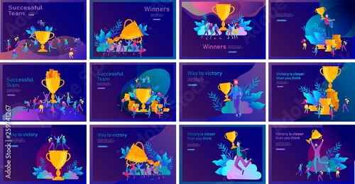 Business Team Success hold Golden winner cup, concept of people are happy with victory. Office Workers Celebrating with Big Trophy, ways goals, first place in business, financial growth. Landing page