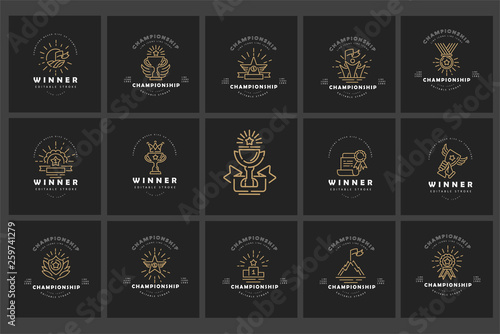 Vector icon and logo winner and champion. Editable outline stroke size. Line flat contour, thin and linear design. Simple icons. Concept illustration. Sign, symbol, element.