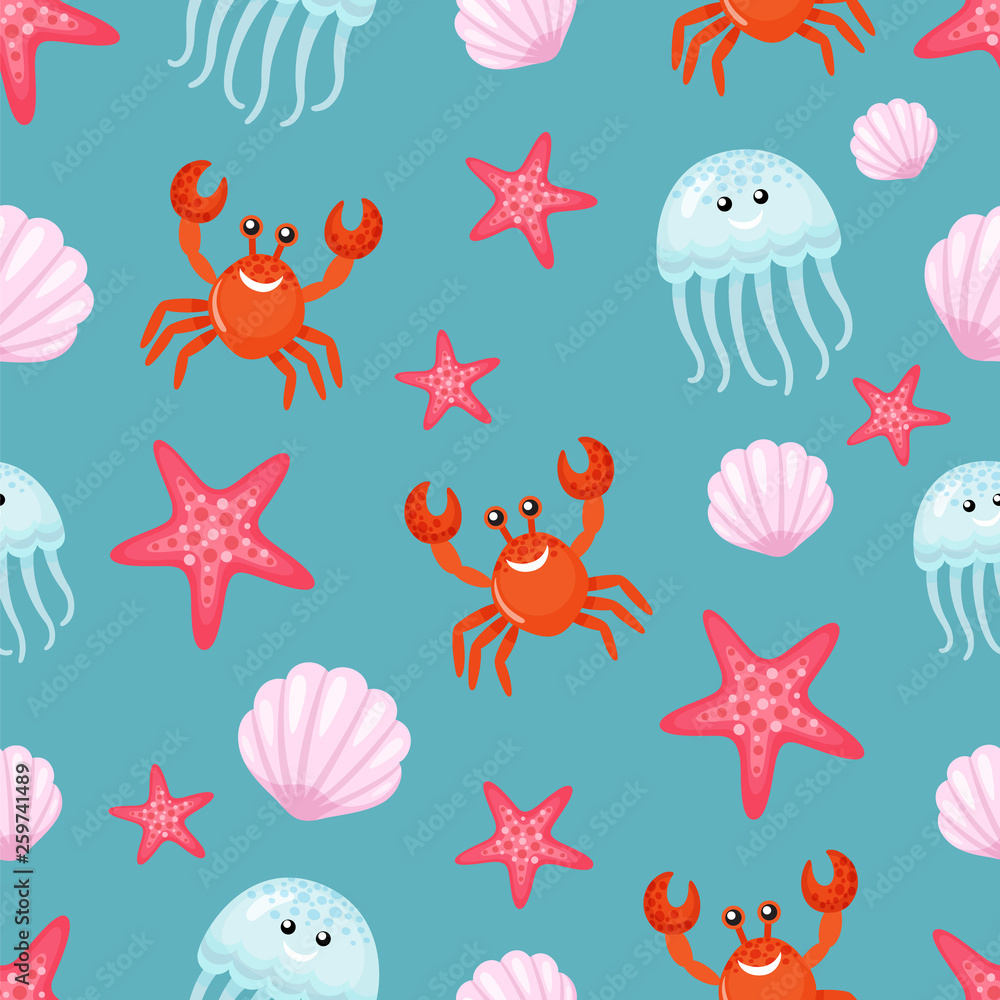 Seamless pattern made of aquatic animals vector, crab and jellyfish, seashell and starfish. Seastar and wild marine creature with funny faces on blue Seamless pattern made of aquatic animals vector, crab and jellyfish, seashell and starfish. Seastar and wild marine creature with funny faces on blue