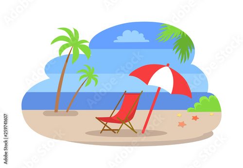 Seaside water and beach isolated vector. Coastline with sea and palm trees, bushes growing on sand. Umbrella and chaise deck chair, starfish on ground