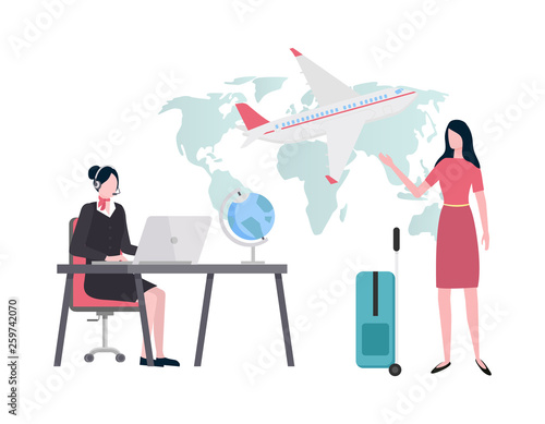 Client with packed luggage vector, globe and worldwide destinations. Traveling around world, secretary looking for tour in computer, flights and plane