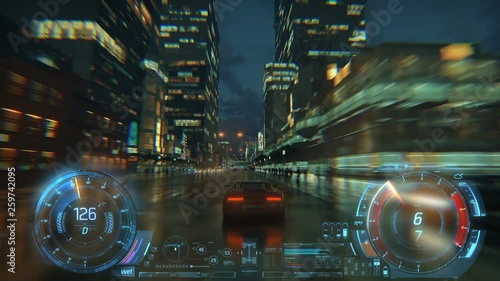 3d fake Video Game. Racing simulation. night city. lights after rain. part 2 of 2. Hud