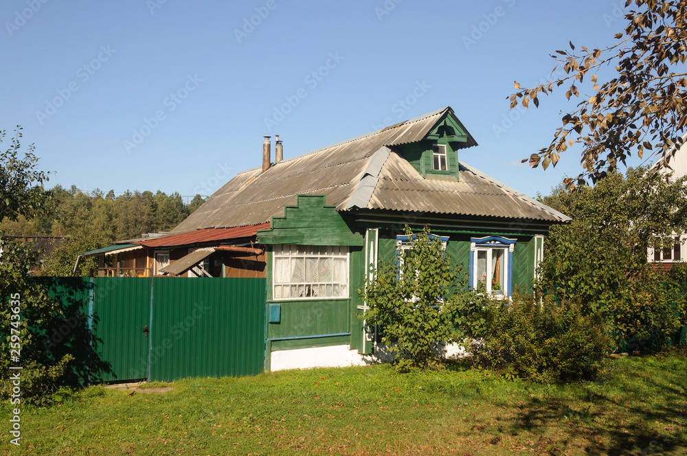 Green wooden house in the village