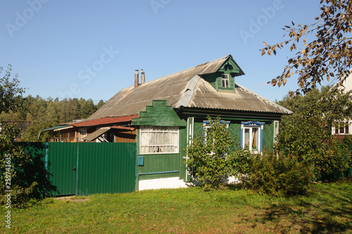 Green wooden house in the village © Vic