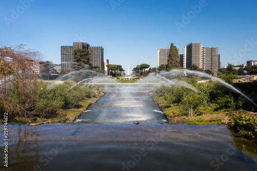 The Eur district in Rome, Italy, with the Obelisk of Marconi in the background