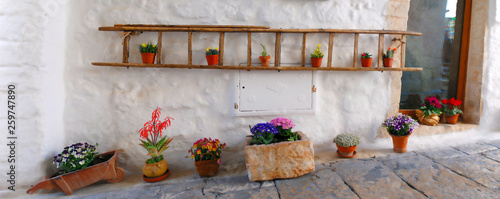Flower pots decorating an alley in the old town of Ostuni, Italy photo
