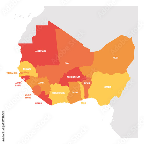 West Africa Region. Map of countries in western Africa. Vector illustration