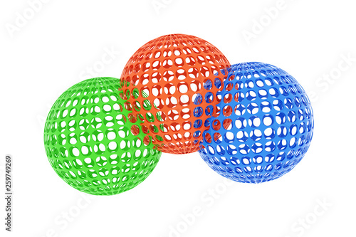 3d rendering of 3 diffrent colored wireframe balls