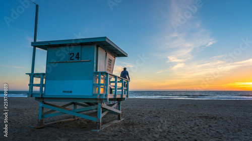 Life guard tower over sunset in Venice beach Los Angeles, California