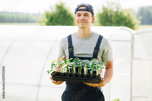 Handsome cheerful young gardener in overall standing with seedlings near greenhouse. Portrait of joyful farmer.