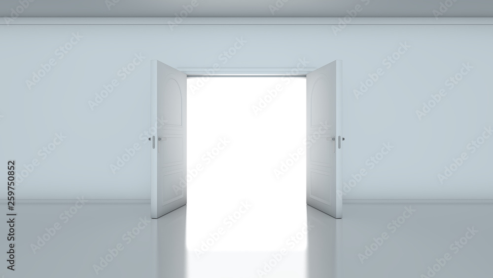 Doorway revealing bright light in dull grey room Doorway revealing bright light in dull grey room