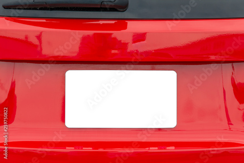 Blank White License Plate On Red Car With Copy Space