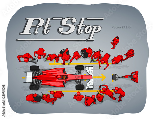 Formula race car in pit stop vector sketch