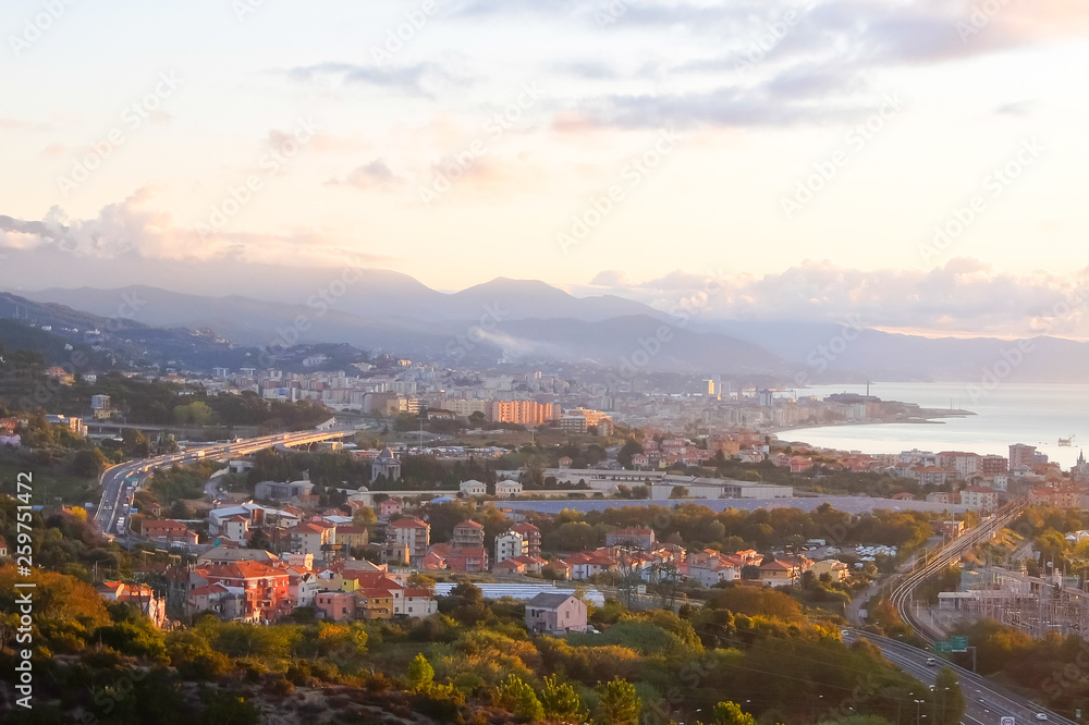 Savona, Italy. Sunset view of Savona (Italy), seaport and comune in the northern Italian region of Liguria, capital of the Province of Savona, Italy.