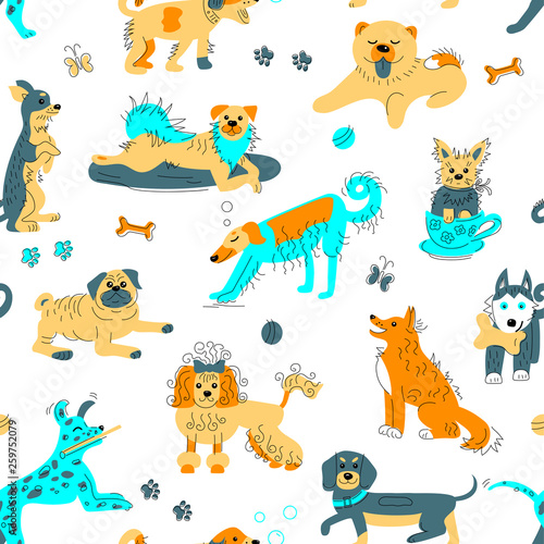 Seamless pattern with hand drawn sketch style dogs. Vector illustration for baby clothes, wrapping paper, textile, fabric.