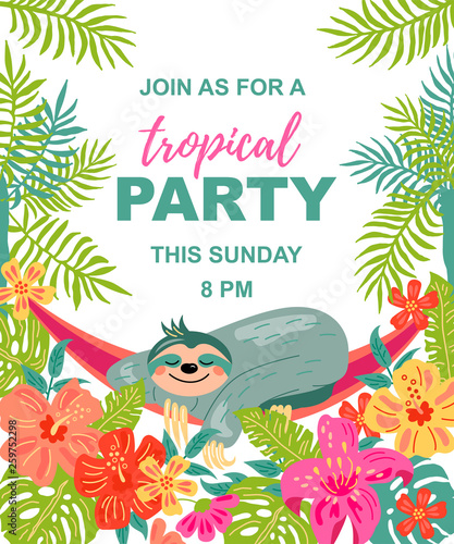 Cartoon sloth is sleeping in hammock under palm trees. Tropical party vector illustration. Place for your text. Seasonal template for vacation, poster, banner, flyer, invitation. Flat and line style.