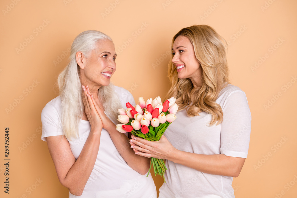 Portrait of charming beautiful curly grey haircut person receive blooming greeting 8-march anniversary feel glad enjoy leisure lifestyle wear trendy t-shirts isolated on pastel background Portrait of charming beautiful curly grey haircut person receive blooming greeting 8-march anniversary feel glad enjoy leisure lifestyle wear trendy t-shirts isolated on pastel background