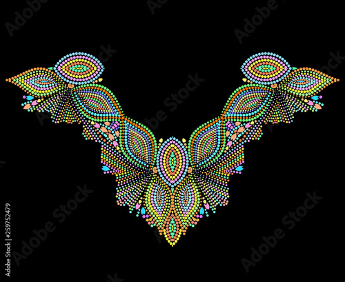 Neckline ethnic design, folk art. Geometric colorful traditional pattern. Vector print with decorative elements and beads for embroidery, for women's clothing.