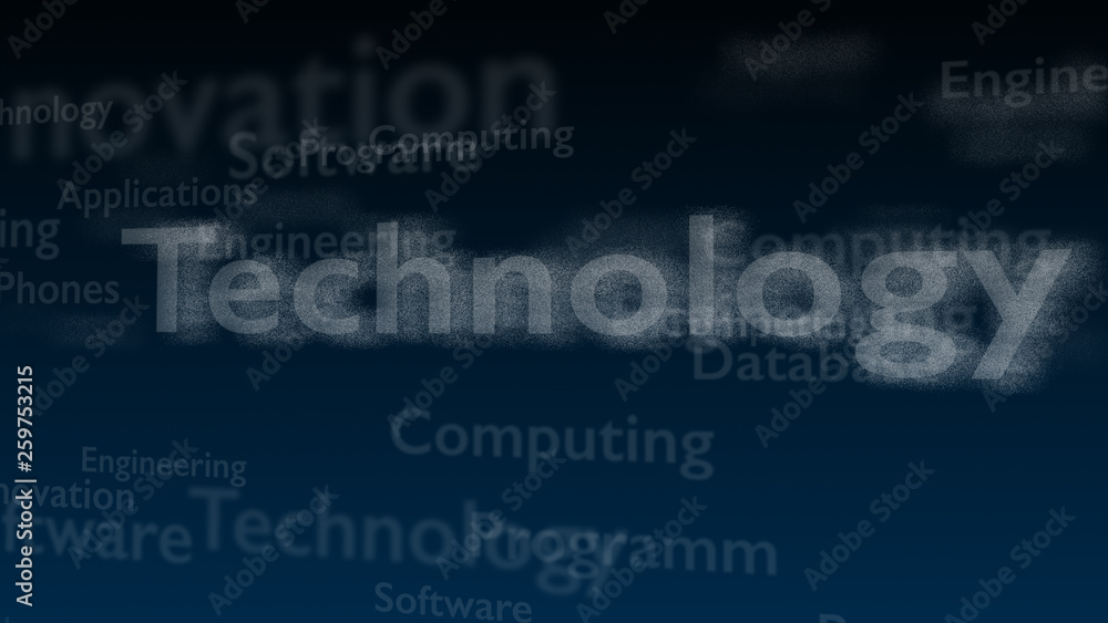 Deep blue background with different words, which deal with technology. Close up. Copy space. 3D. Deep blue background with different words, which deal with technology. Close up. Copy space. 3D.