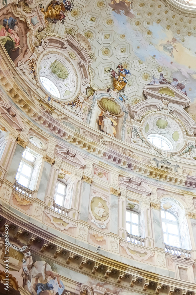 Vicoforte, Italy. Interiors of Sanctuary of Vicoforte (Santuario della Natività di Maria), Cuneo. The sanctuary has the largest elliptical dome in the world.