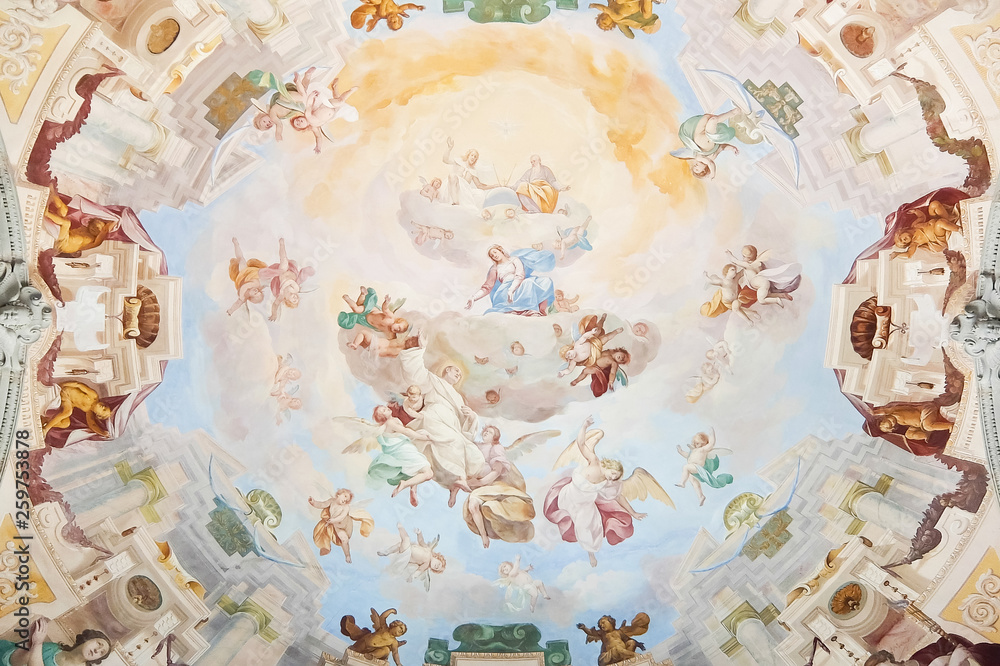 Vicoforte, Italy. Interiors of Sanctuary of Vicoforte (Santuario della Natività di Maria), Cuneo. The sanctuary has the largest elliptical dome in the world.