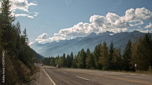 TimeLapse of traffic on the Trans Canada Highway in Glacier National Park, British Columbia, Canada photo