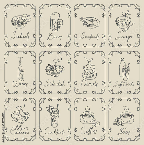 Vector set of sketches of different dishes with handwritten inscriptions framed with swirls on a beige background. Contour drawings in retro style
