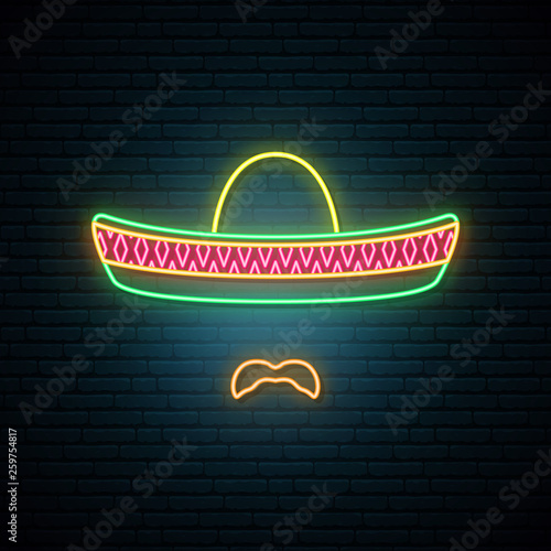Mexican in national colorful sombrero and with mustache. Bright neon style. Cinco De Mayo banner.