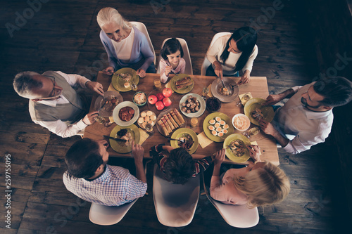 Close up top above high angle view photo people family thanksgiving conversation members company brother sister granny mom dad grandpa son daughter festive holiday tasty dishes table house indoors