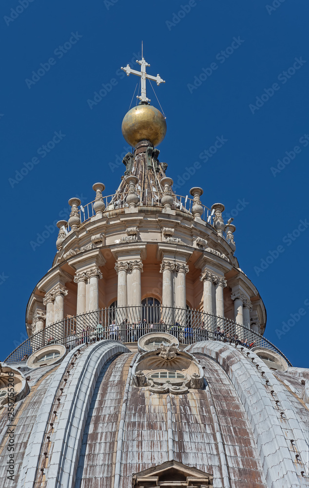 ROME, ITALY - march, 2019: Close up of the Dome (cupola) of The Papal Basilica of St. Peter (San Pietro) in Vatican City Rome, designed by Michelangelo . It is the tallest dome in the world.