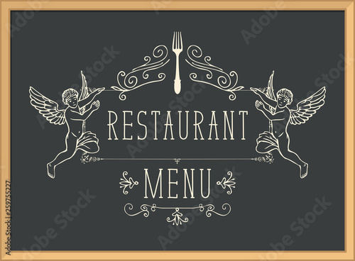 Vector restaurant menu with two angels or cupids on the black background. Contour drawings in retro style. Drawing chalk on the blackboard photo