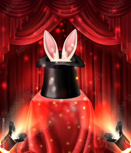 Illusionist performance, magical tricks with animals realistic vector concept. Hare or rabbit ears sticking out from black top hat standing on stand, covered red cape on illuminated stage illustration