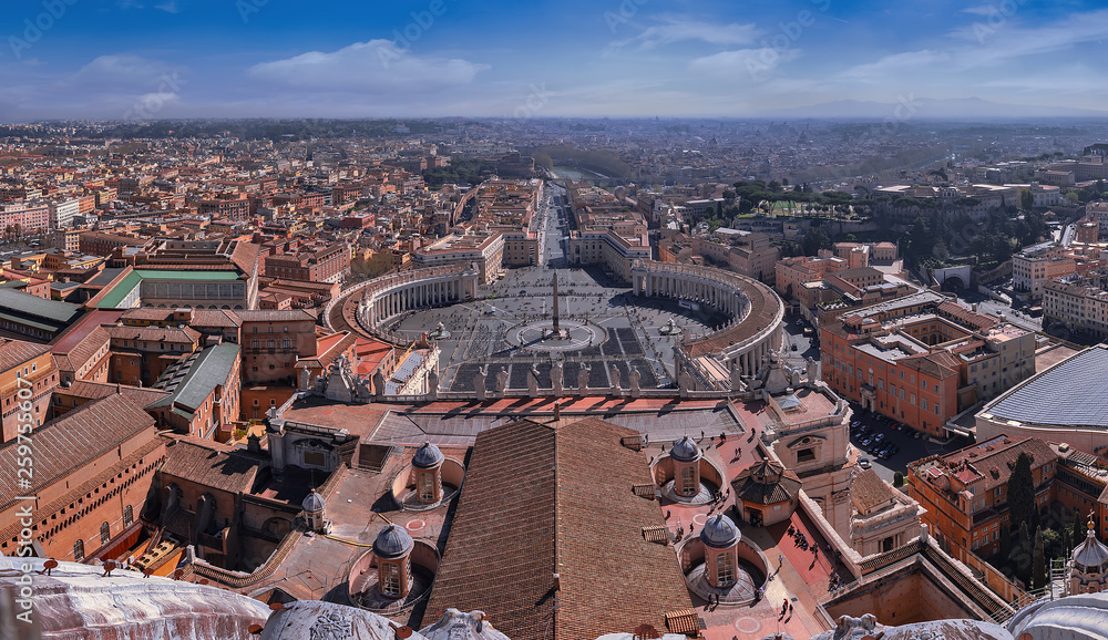 Panorama aerial view of Rome and St. Peter's Square (Piazza San Pietro) from St. Peter's Basilica Dome in Vatican City, Italy.