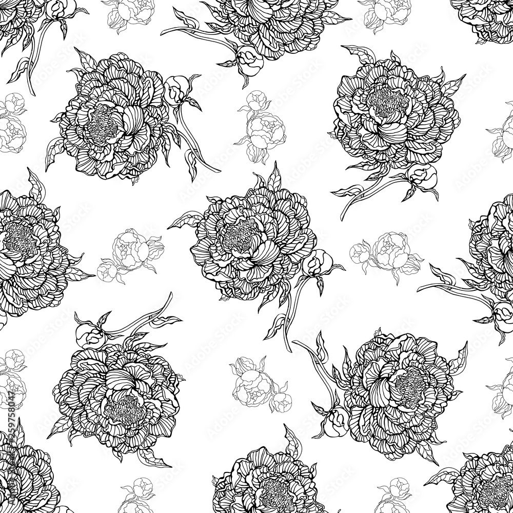 Seamless pattern of hand drawn sketch style peony flowers isolated on white background. Vector illustration.