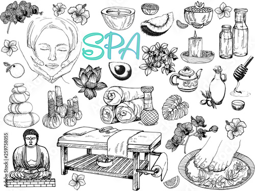 Big set of hand drawn sketch style day spa themed objects isolated on white background. Vector illustration.