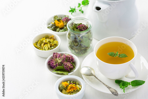 cup of herbal tea, white background