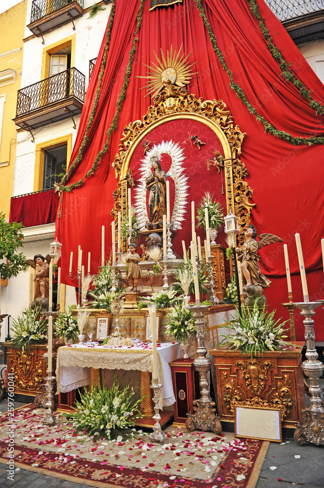 Altar in the street for the procession of Corpus Christi, one of the most important religious celebrations in Seville.
