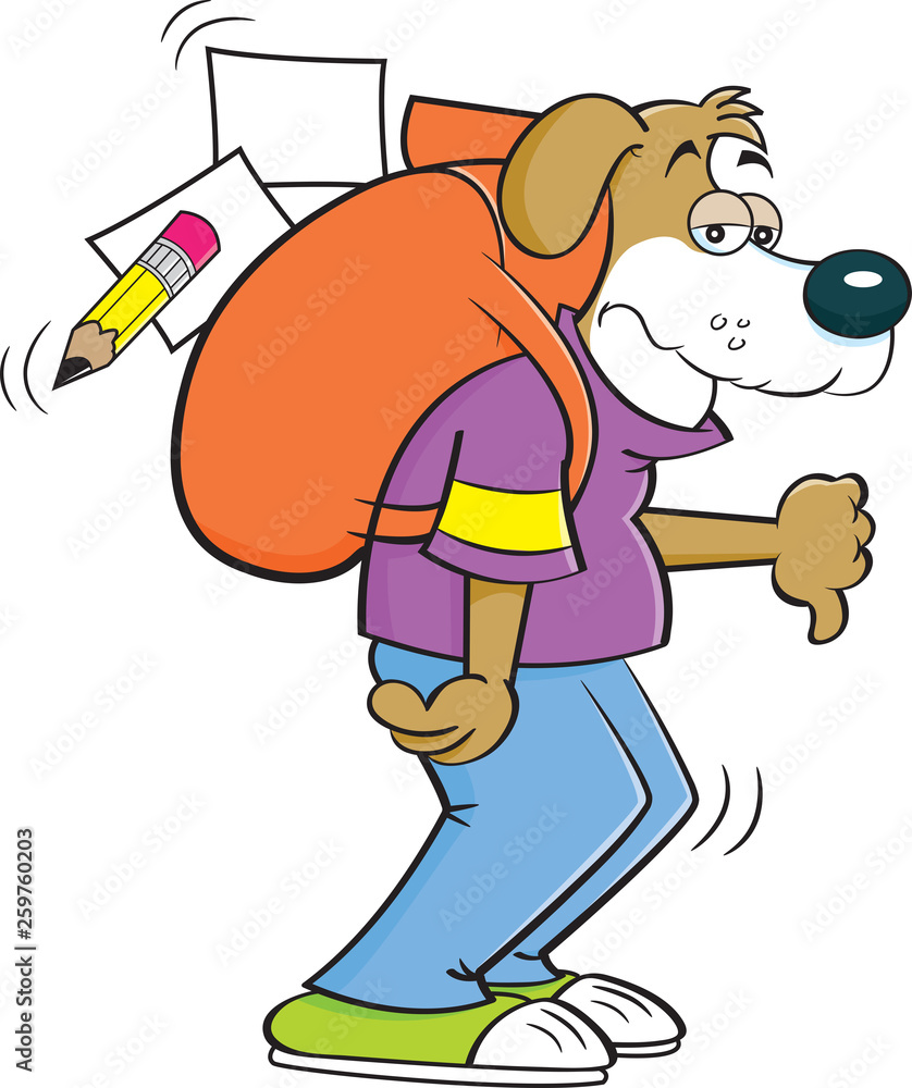 Cartoon illustration of a dog with a large backpack giving thumbs down.
