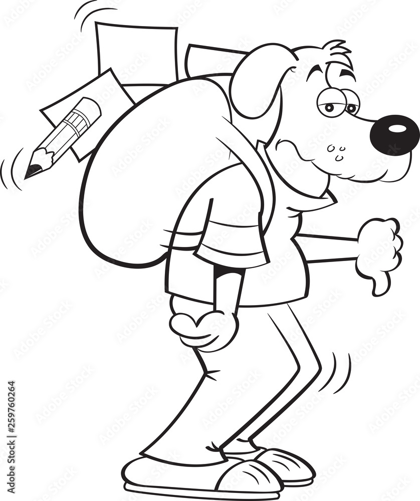 Black and white illustration of a dog with a large backpack giving thumbs down.