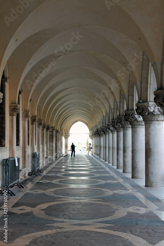 covered gallery with columns of the Doge's Palace in Venice Italy
