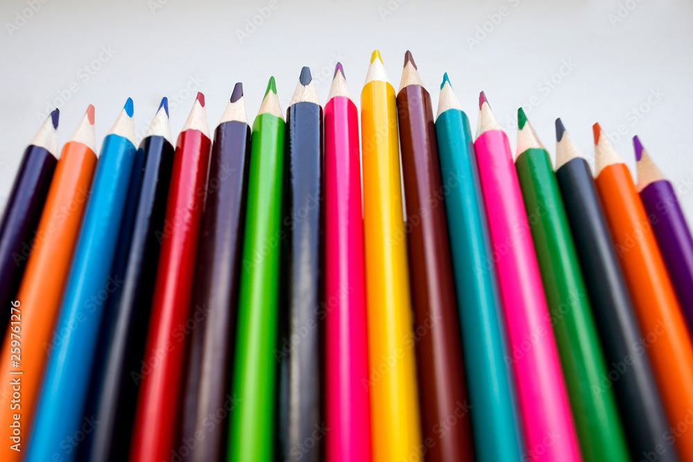 Color pencils on a white background, a line of colored pencils. Set of pencils. Children's creativity. Drawing with pencils Color pencils on a white background, a line of colored pencils. Set of pencils. Children's creativity. Drawing with pencils