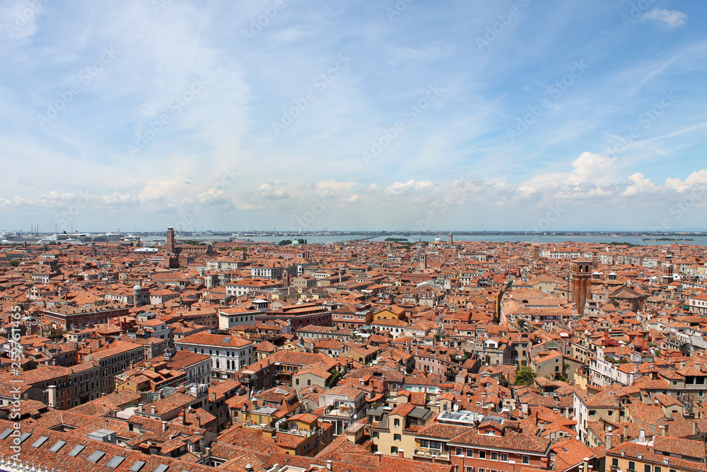 Top view of the red tiled roofs of Venice Italy