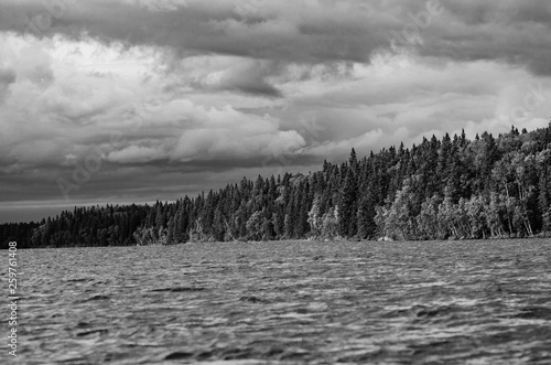 Tranquil landscape scene at Child's Lake at Duck Mountain Provincial Park in black and white