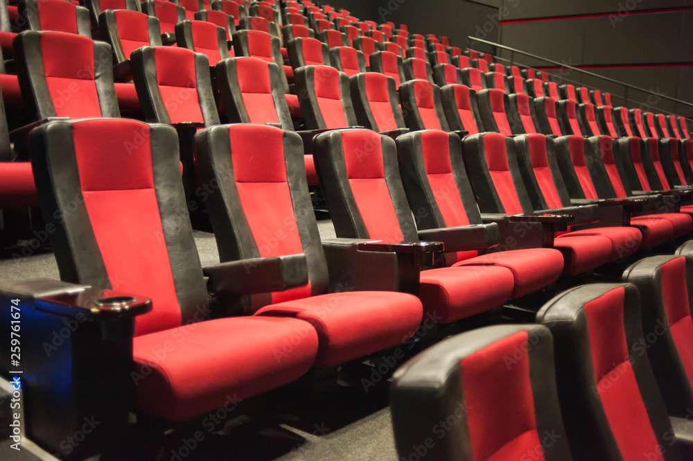 Naklejka premium Lviv, Ukraine - 04.02.2019: Planeta Kino cinema theatre before morning presentation. The cinema house. Inside. Mock up