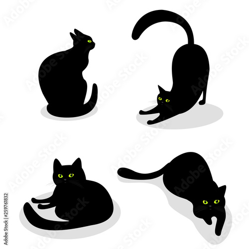 Set with black cats with green eyes in different poses. Isolated on white background. Vector collection with animals. Silhouette black cats cartoon style.