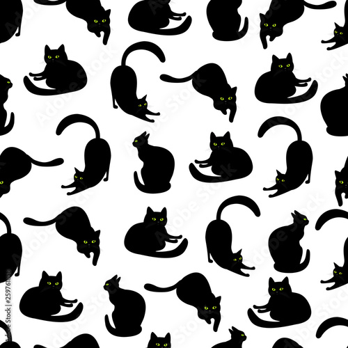 Black cats with green eyes in different poses, seamless pattern. Isolated on white background. Vector black and white texture with animals. Cartoon style cats  background.
